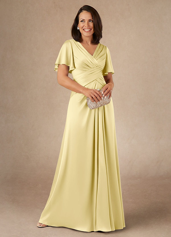Azazie Emmeline Mother of the Brides Dresses Lemon Sorbet A-Line Pleated Stretch Satin Dress image1