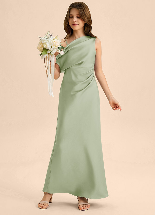 Azazie Emerson Junior Dusty Sage Sheath Off the Shoulder Stretch Satin Dress image1