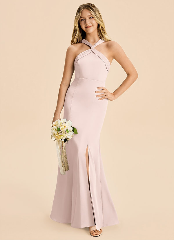 Azazie Rue Junior Blushing Pink Mermaid Pleated Stretch Satin Dress image1