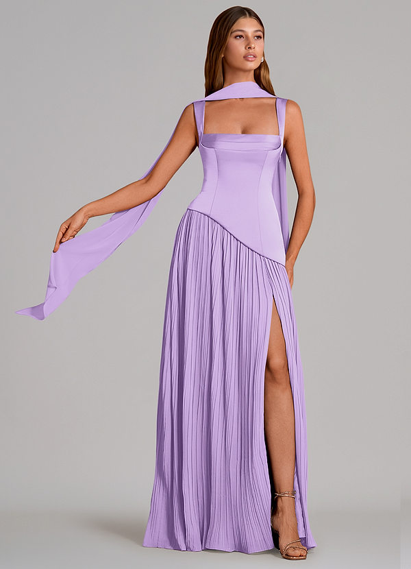 Azazie Stephanie Vestidos Dama de Honor Vestido de Lila de Satén Elástico de Corte en A con Plisado image1