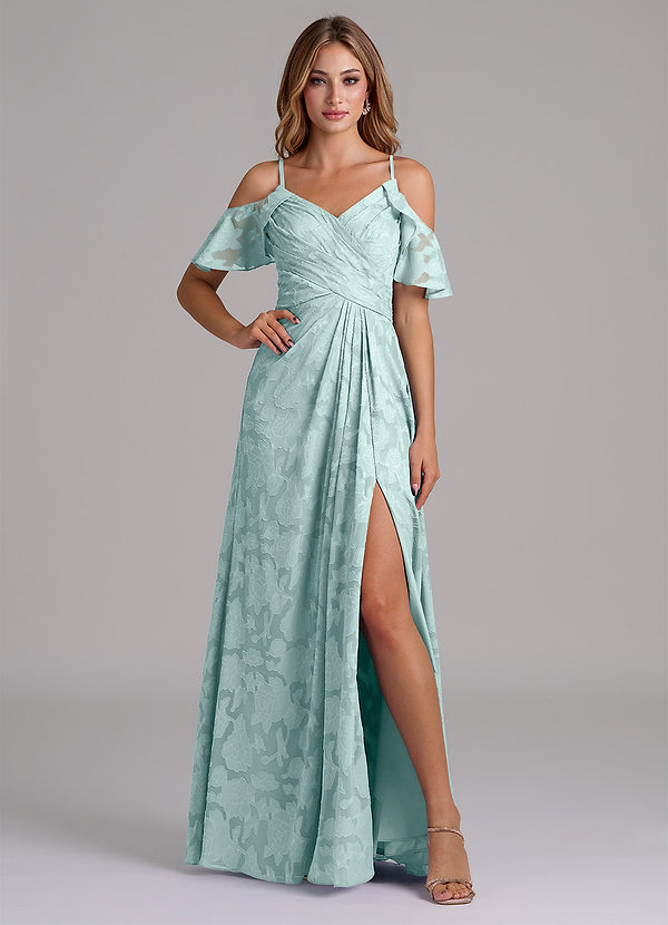 Azazie Dakota Bridesmaid Dresses Mist A-Line Off the Shoulder Floral Burnout Dress image1