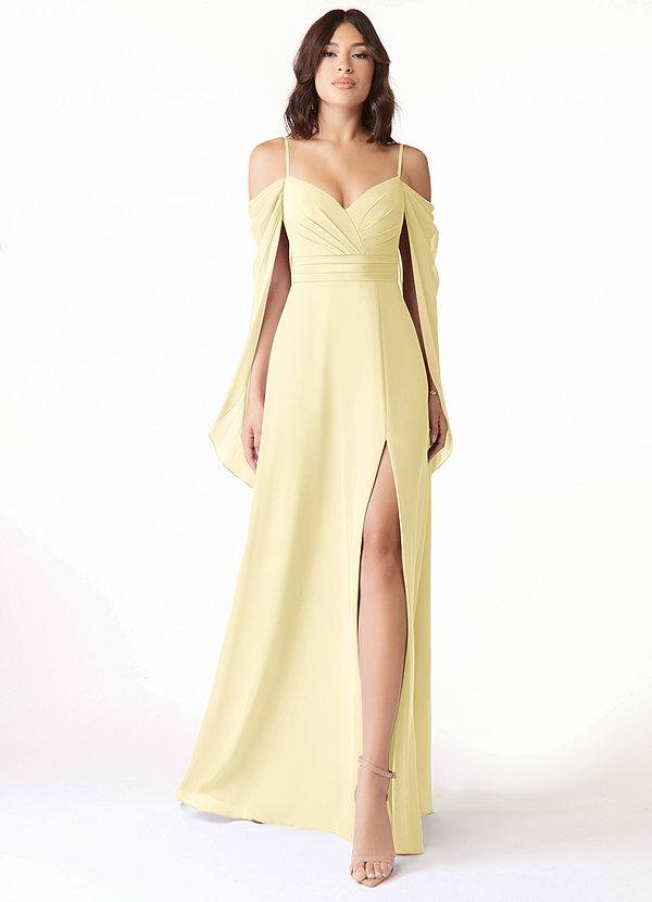Azazie Cienna Bridesmaid Dresses Lemon Sorbet A-Line Long Sleeve Chiffon Dress image1