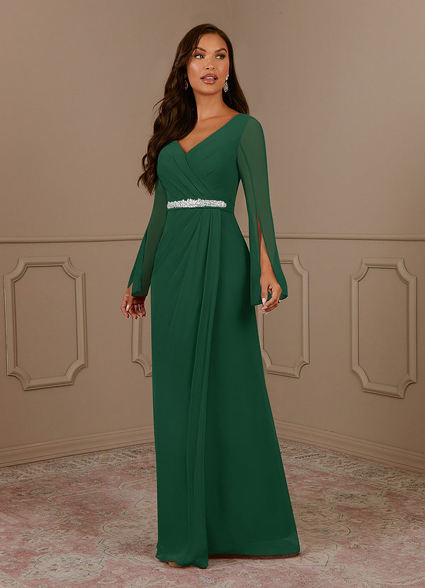 Azazie Belinda Mother of the Brides Dresses Dark Green A-Line V-Neck Pleated Chiffon Dress image1