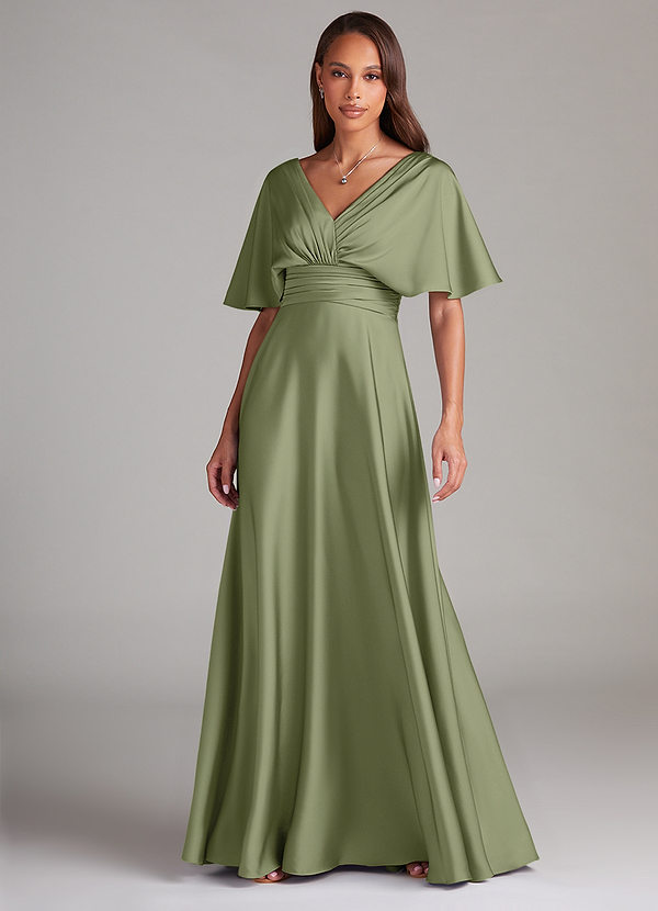 Azazie Pamela Vestidos de dama de honor Vestido Salvia De Jardín de Satén Elástico de Línea A con Plisado image1