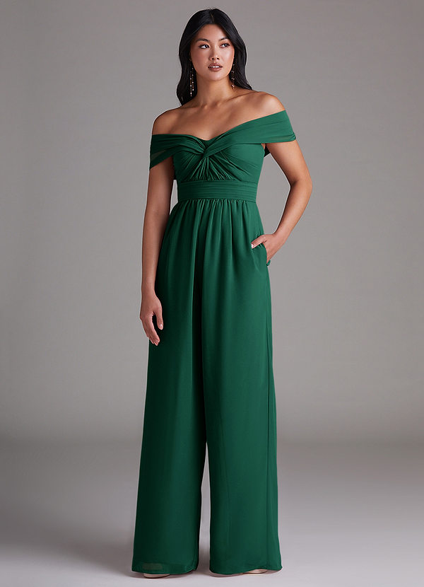 Azazie Lamara Bridesmaid Dresses Emerald Off the Shoulder Chiffon Convertible Jumpsuit image1