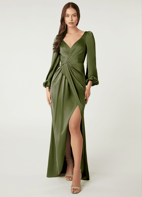 Azazie Mel Bridesmaid Dresses Olive Sheath Long Sleeve Stretch Satin Dress image1