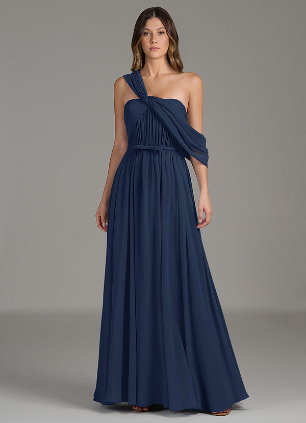 Azazie Nyah Abiti da Damigella Abito A-Line in Chiffon Spalle Scoperte Marino Scuro image1