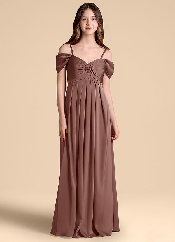 Azazie Kaitlynn Junior A-Linie Schulterfrei Stretch-Satin Kleid Espresso image1