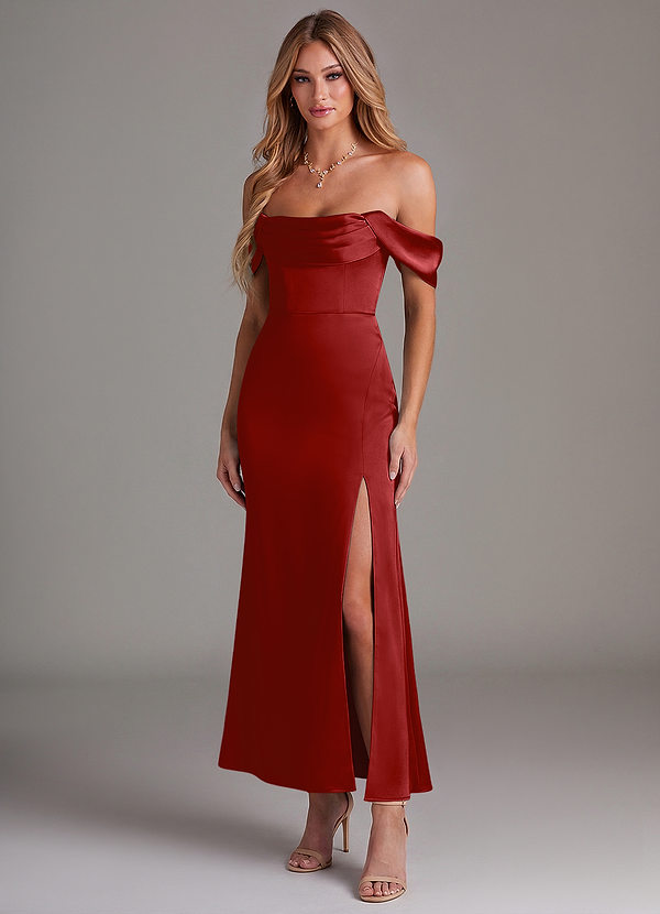 Azazie Saige Bridesmaid Dresses Pomegranate Mermaid Off the Shoulder Stretch Satin Dress image1