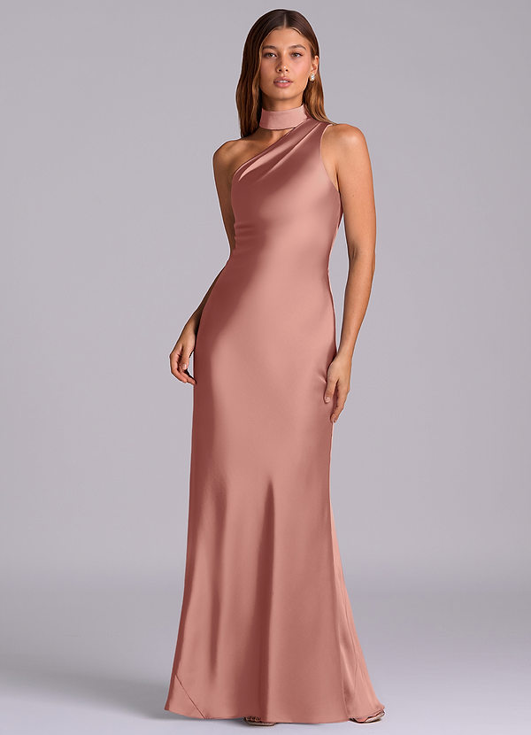 Azazie Seona Robes Demoiselle d'honneur Robe Sirène en Satin extensible Ue épaule Rosette image1