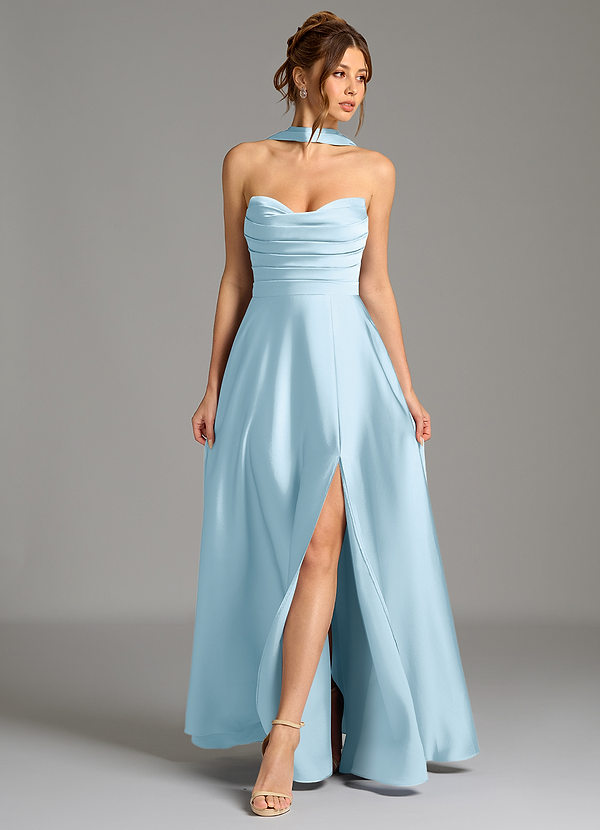 Azazie Ayla Bridesmaid Dresses Sky Blue A-Line Corset Stretch Satin Dress image1