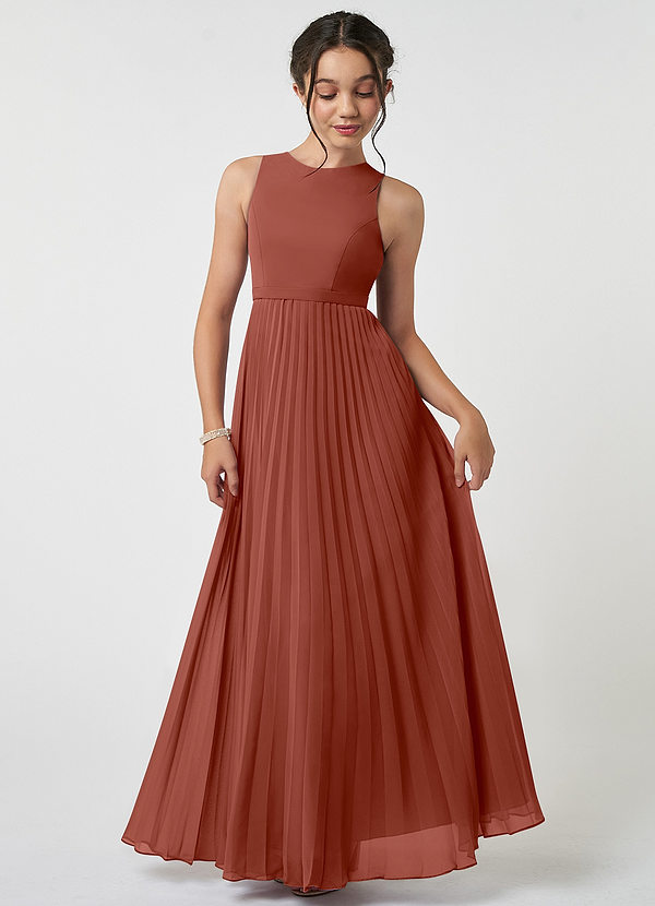 Azazie Lindie Junior Auburn A-Line Pleated Chiffon Dress image1