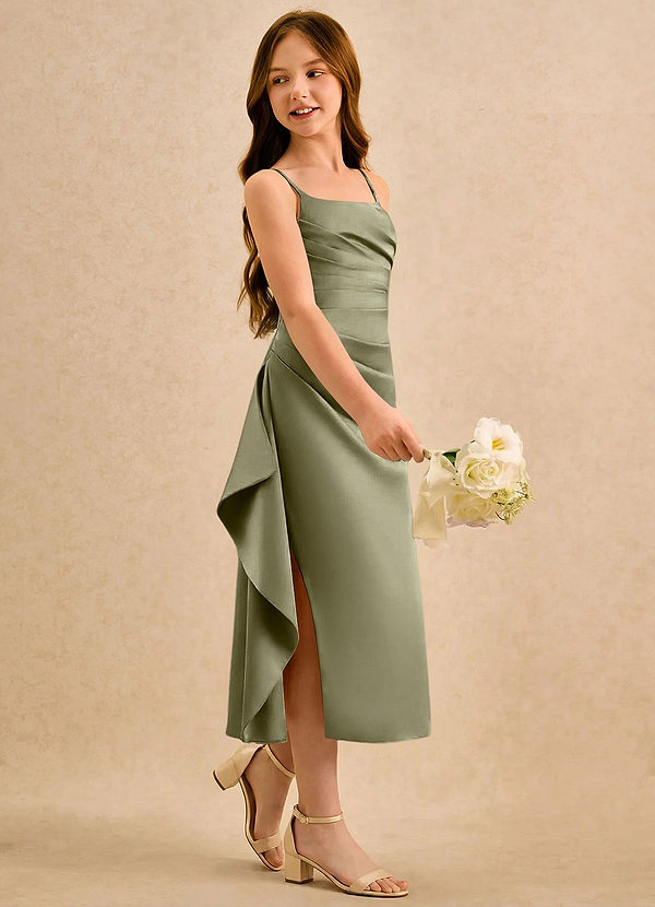 Azazie Canna Girls Formal Sukienki dla dziewczynek sypiących kwiaty Linia A Pofałdowany Satyna elastyczna Długość herbaty Sukienka image1