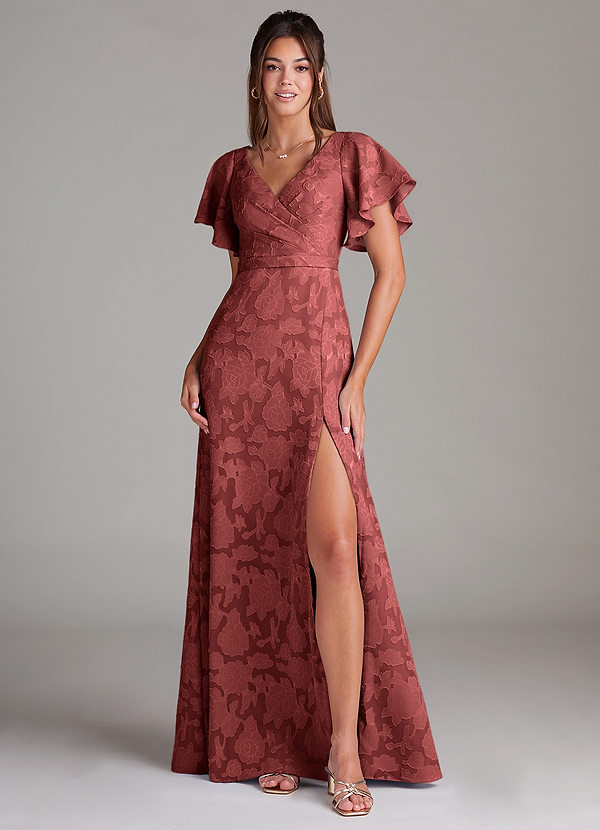 Azazie Ambrosia Brautjungfernkleider A-Linie Plissee Blumen-Burnout Kleid Terrakotta image1