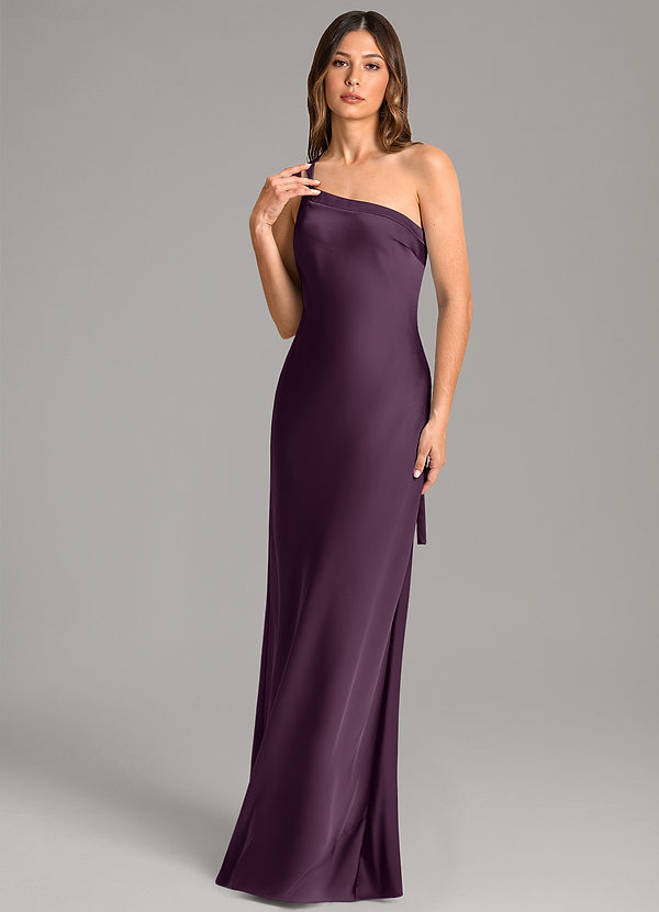 Azazie Monroe Bridesmaid Dresses Plum Mermaid One Shoulder Stretch Satin Dress image1