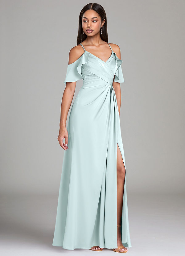 Azazie Dakota Bridesmaid Dresses Sea Glass A-Line Off the Shoulder Stretch Satin Dress image1