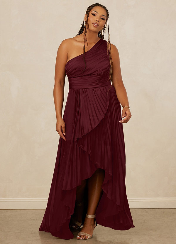 Christian Siriano Bridal for Azazie 1008 Bridesmaid Dresses Cabernet A-Line One Shoulder Stretch Satin Dress image1