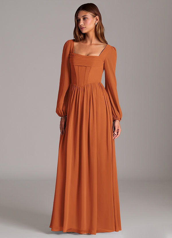 Azazie Maree Vestidos Dama de Honor Vestido de Canela de Gasa de Corte en A con Corsé image1