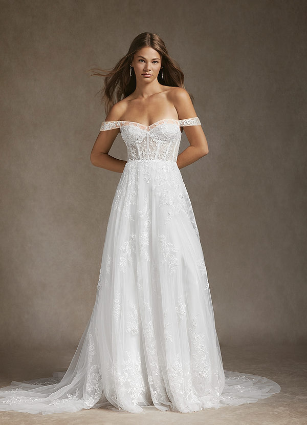 Azazie Wendie Robe de Mariée Robe Trapèze en Tulle Paillettes Blanc De Diamant image1