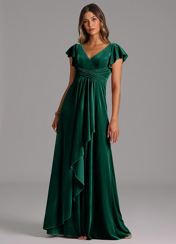 Azazie Omari Bridesmaid Dresses Emerald A-Line Pleated Velvet Dress image1