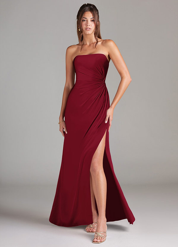 Azazie Aliani Vestidos Dama de Honor Vestido de Borgoña de Gasa de Corte Recto Convertible con Sin tirantes image1