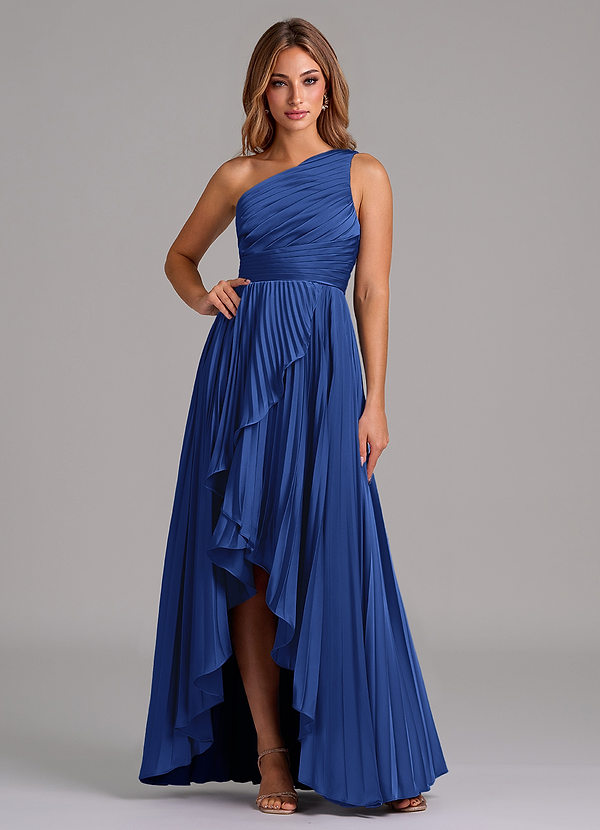 Azazie Lyrica Bridesmaid Dresses Royal Blue A-Line One Shoulder Stretch Satin Dress image1