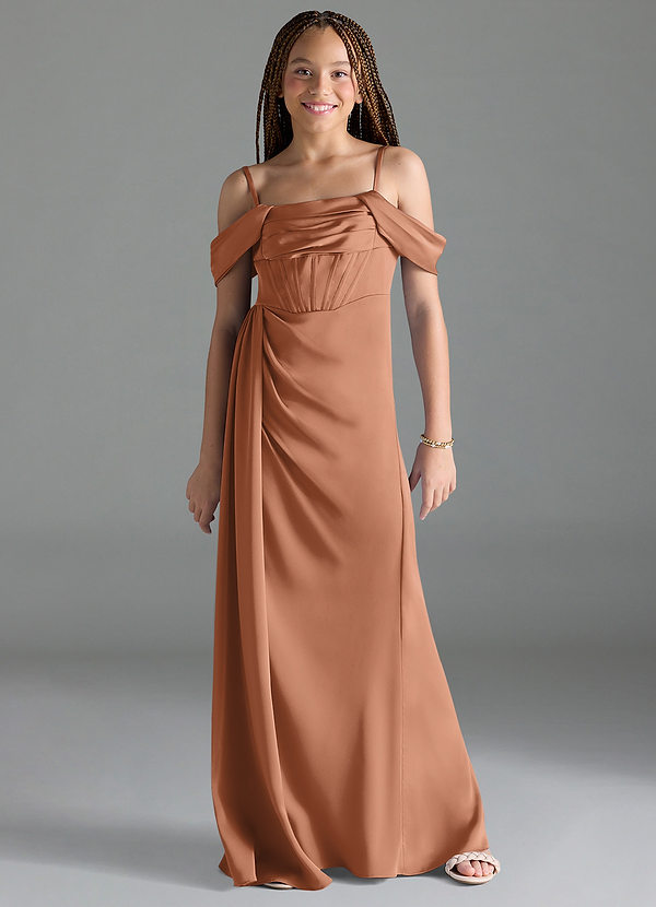 Azazie Amyra Junior Bronzer Sheath Off the Shoulder Stretch Satin Dress image1