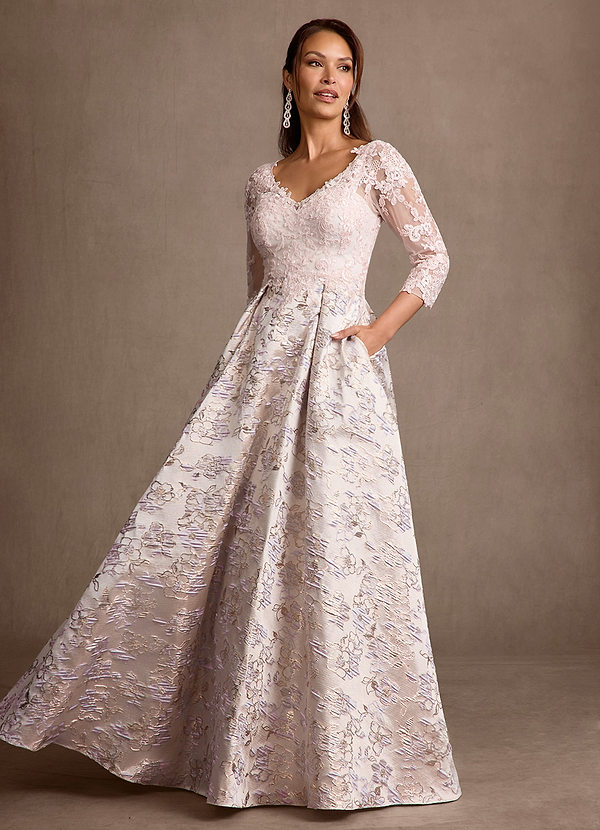 Azazie Toni Vestidos para la madre de la novia Vestido Rosa Rubor de Jacquard Floral de Corte en A con Encaje image1