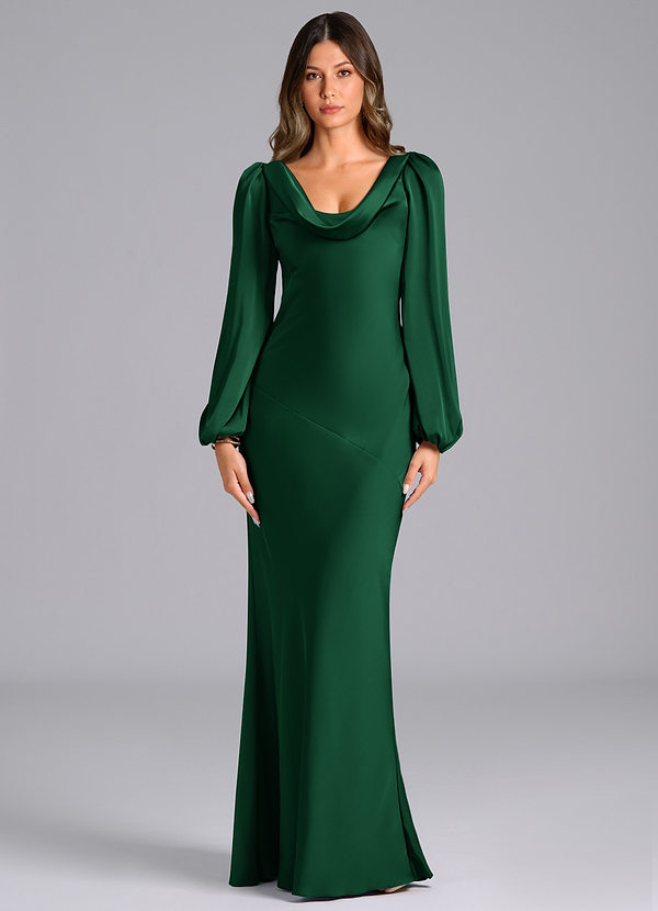 Azazie Rylina Bridesmaid Dresses Dark Green Mermaid Long Sleeve Stretch Satin Dress image1