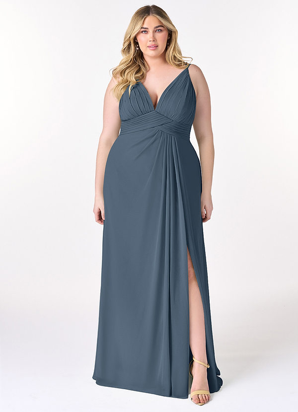Azazie Maren Allure Robes Demoiselle d'honneur Robe Trapèze en Mousseline de soie Col V dentelle Neptune image1