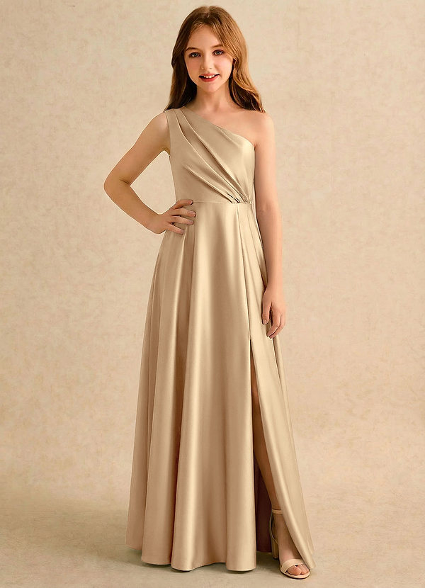 Azazie Puddles Girls Formal Robes de Fillette d'Honneur Robe Trapèze en Satin extensible Une épaule Champagne image1