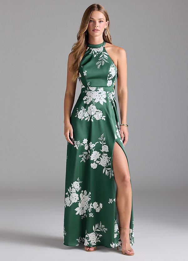 Azazie Clarice Bridesmaid Dresses Green Botanicals A-Line High Neck Stretch Satin Dress image1