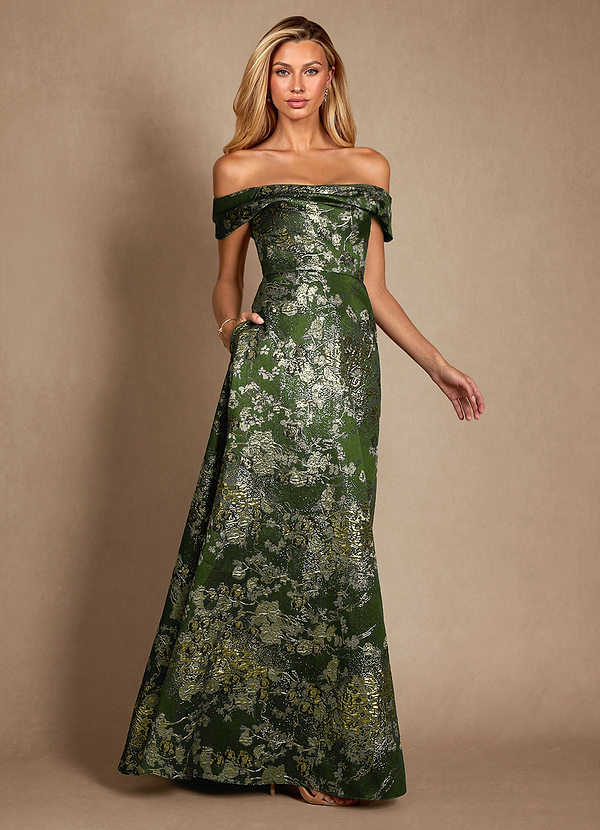 Azazie Marceline Matcha Green A-Line Off the Shoulder Jacquard