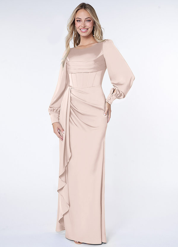 Azazie Raye Bridesmaid Dresses Blushing Pink Mermaid Long Sleeve Stretch Satin Dress image1