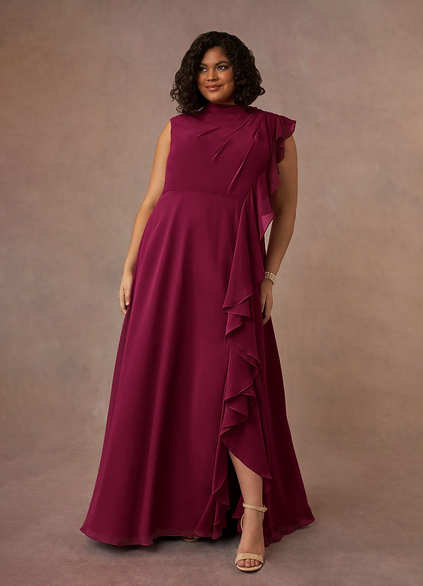 Azazie Narine Vestidos para la madre de la novia Vestido Borgoña de Gasa de Corte en A con Cuello alto plisado image1