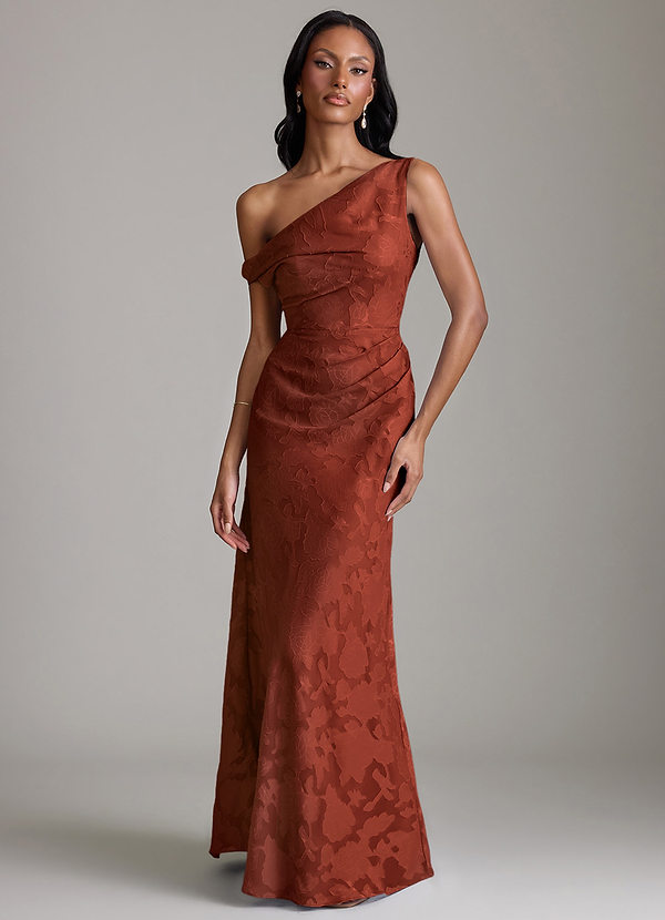 Azazie Emerson Bridesmaid Dresses Vestido Terracota de Esgotamento Floral de sereia com Fora do ombro image1