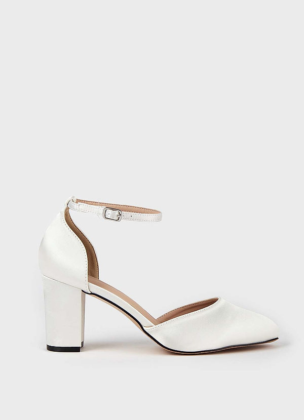 front Satin Ankle Strap Pointed Toe Block Heels