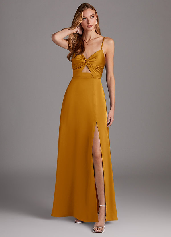 Azazie Jenna Vestidos Dama de Honor Vestido de Caramelo de Satén Elástico de Corte en A con Plisado image1
