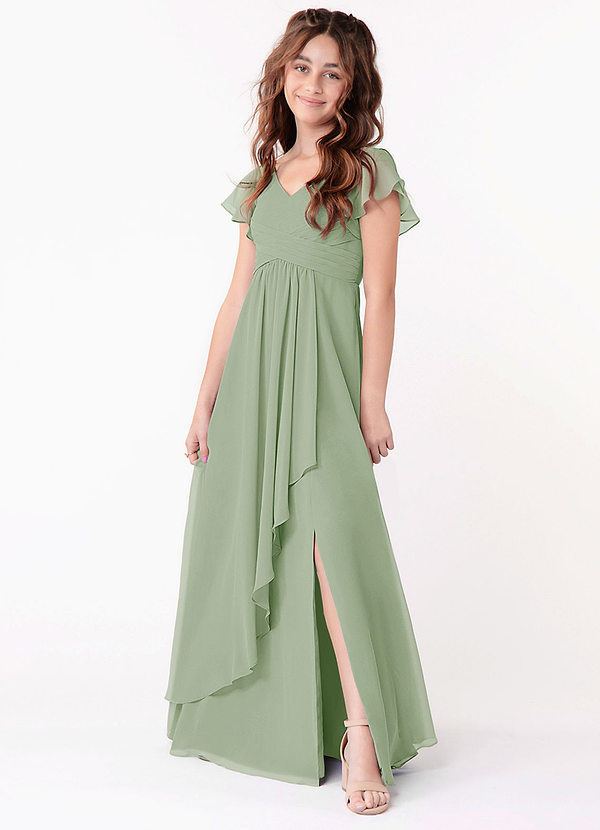 Azazie Omari Junior Dusty Sage A-Line Ruched Chiffon Dress image1
