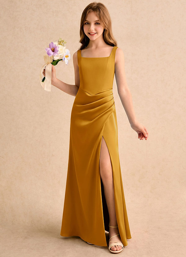 Azazie Noah Girls Formal Bloemenmeisjesjurken Kolom Jurk van Stretch Satijn Geplooide Boterbabbelaar image1