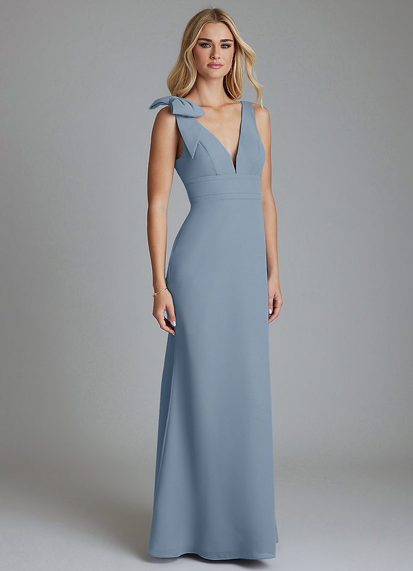 Azazie Taro Bridesmaid Dresses Dusty Blue Sheath Bow Chiffon Dress image1