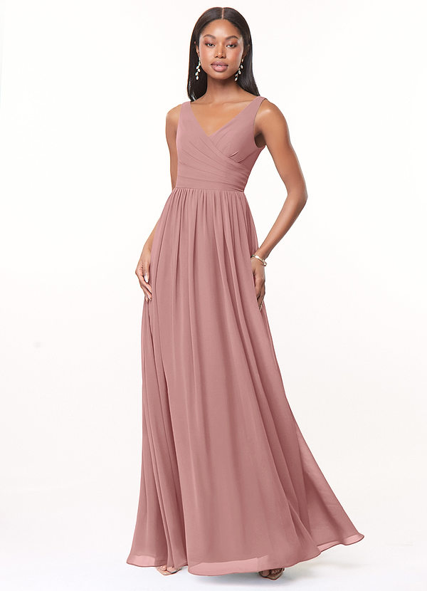 Azazie Keyla Abiti da Damigella Abito A-Line in Chiffon con Scollo a V a Pieghe Rosa Polverosa image1