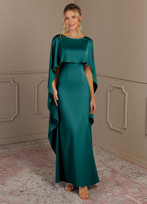 Azazie Eli Klänningar för brudens mor Klänning Tubklänning i Stretch Satin Boatneck Påfågelblå image1