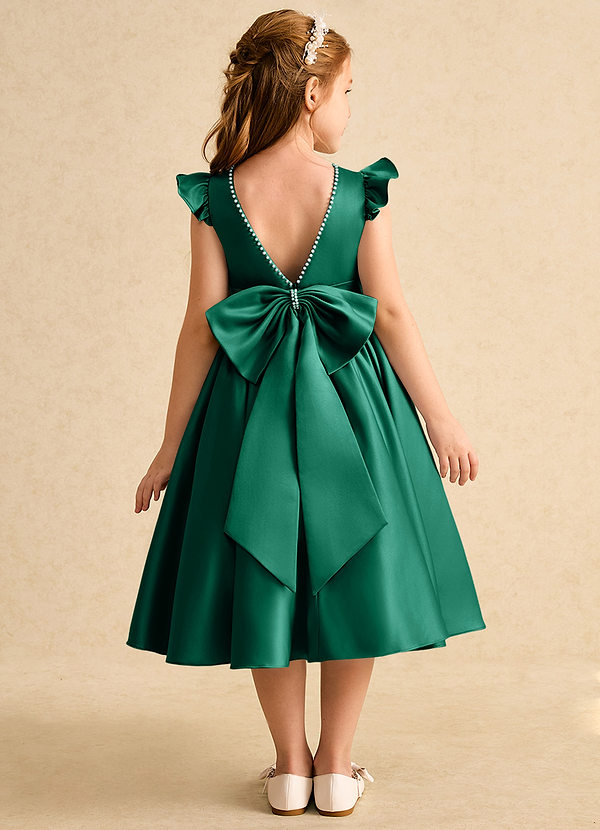 Azazie Dumpling Flower Girl Dresses Emerald A-Line Bow Matte Satin Dress image1
