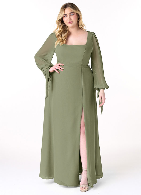 Azazie Leonia Abiti da Damigella Abito A-Line in Chiffon Maniche Lunghe Pistacchio image1