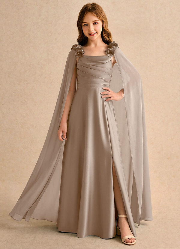 Azazie Rosita Girls Formal Abiti da Damigella Bambina Abito A-Line in Raso Elasticizzato Plissettato Taupe image1