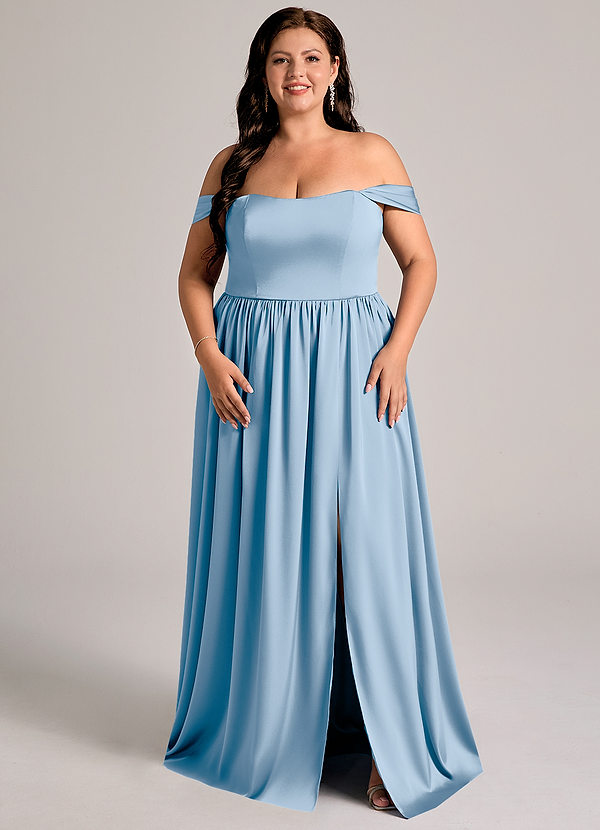 Azazie Calianna Vestidos de dama de honor Vestido Azul Pálido de Satén Elástico de Línea A Convertible con Hombros descubiertos image1