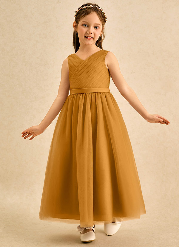 Azazie Lilium Bloemenmeisjes Jurken A-Lijn Jurk van Tule Geplooid Boterbabbelaar image1