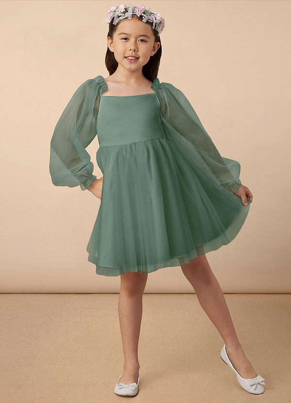 Azazie Aya Flower Girl Dresses Eucalyptus A-Line with Sleeves Tulle Dress image1
