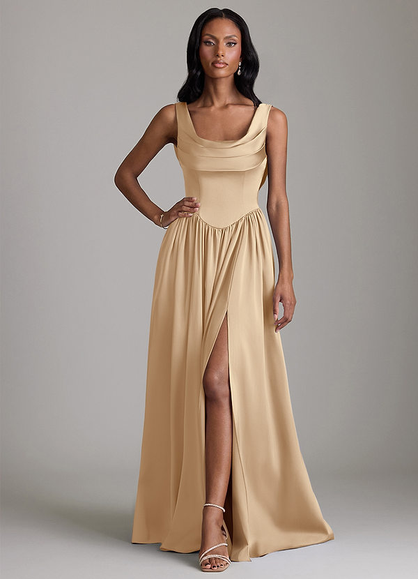 Azazie Novi Bridesmaid Dresses Champagne A-Line with Pockets Stretch Satin Dress image1